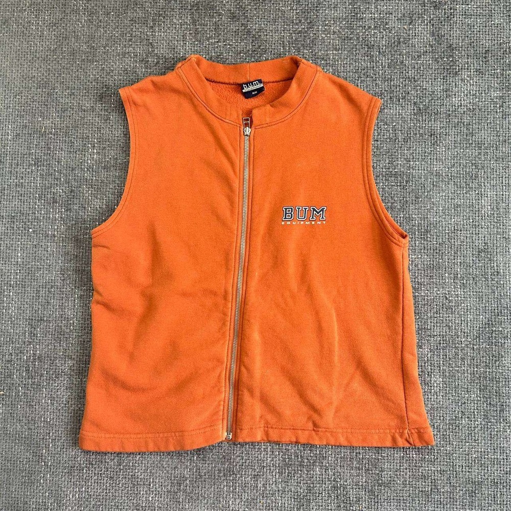 B.U.M. Equipment Fleece Vest Unisex Medium Orange Vintage 90s Full Zip Logo